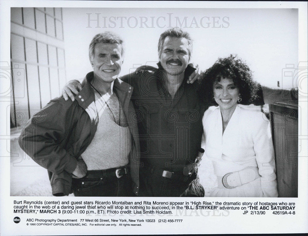 1990 Press Photo Burt Reynolds Ricardo Montalban Rita Moreno In B.L. Stryker - Historic Images