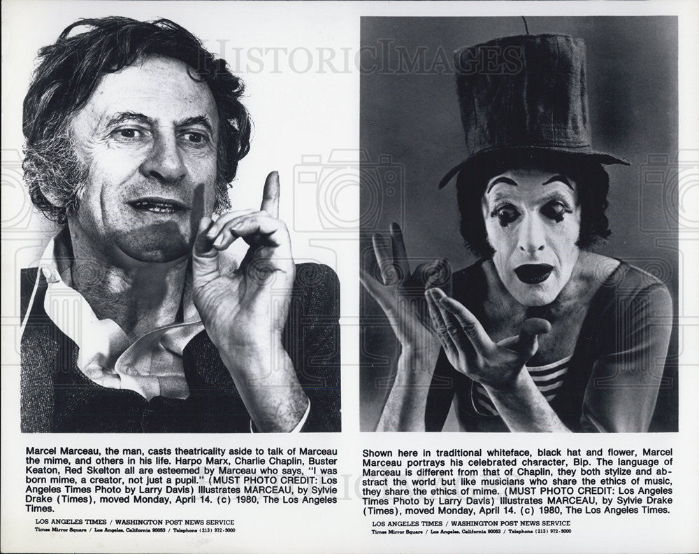 1980 Press Photo Marcel Marceau Mime Entertainer - Historic Images