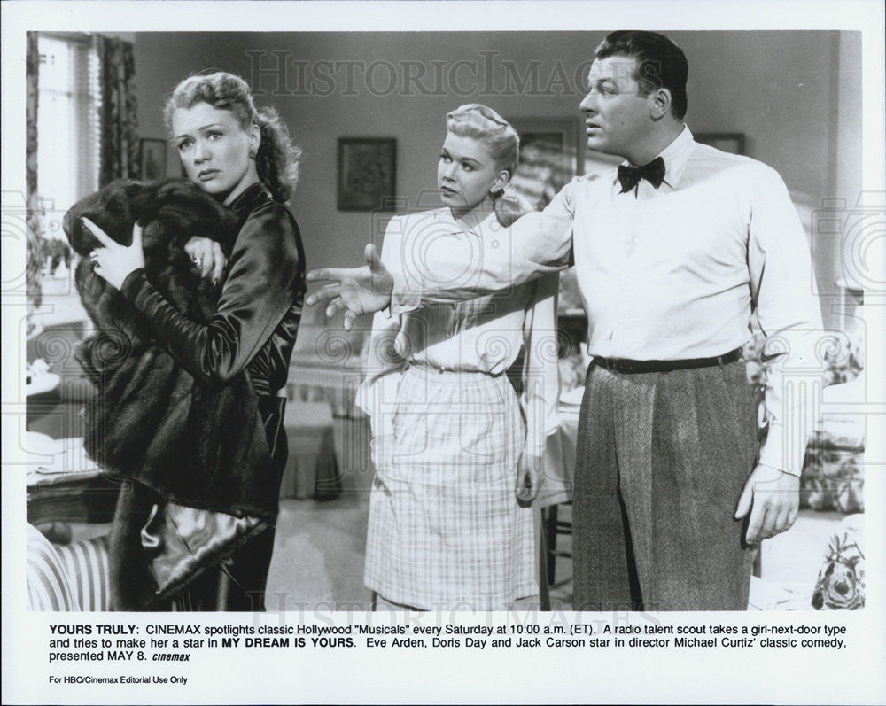 1949 Press Photo Actors Eve Arden, Doris Day, Jack Carson In "My Dream Is Yours" - Historic Images