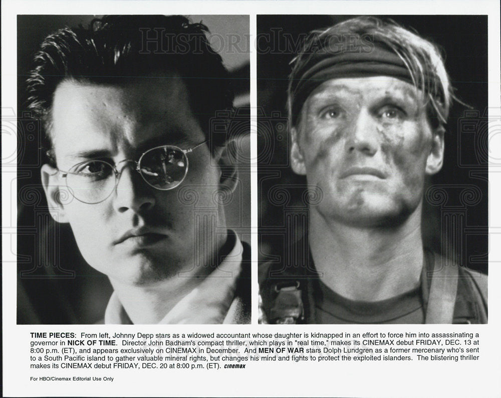 Press Photo of movie stars Johnny Depp and Dolph Lundgren - Historic Images