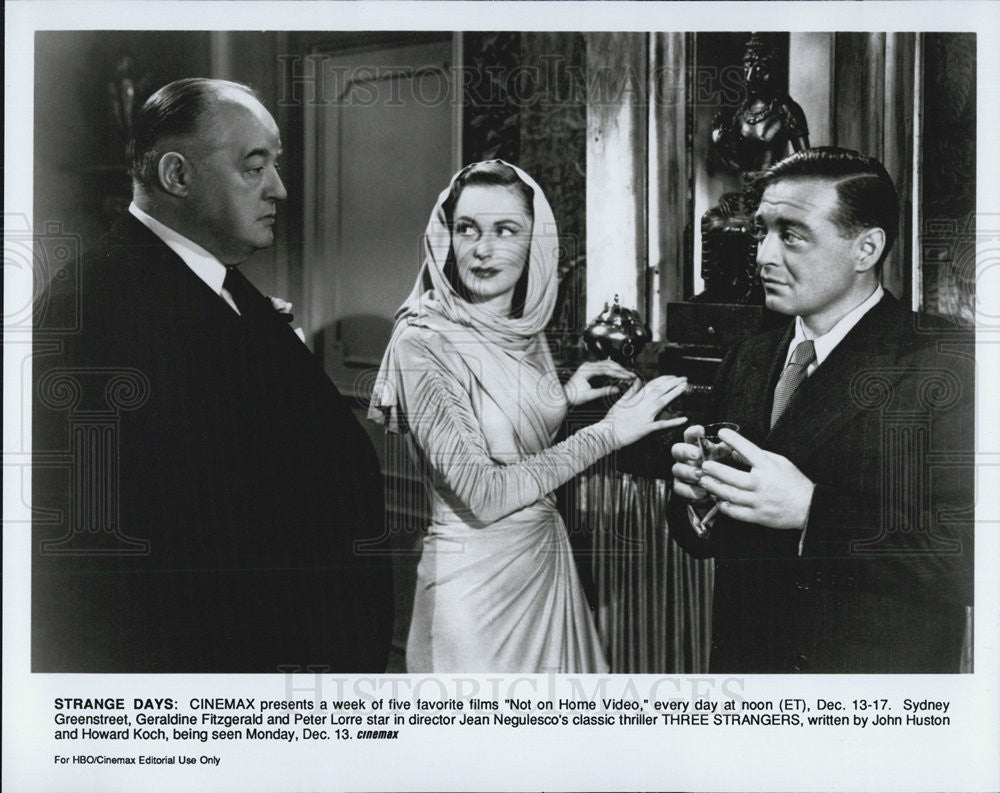 1946 Press Photo Actors Sydney Greenstreet, Geraldine Fitzgerald And Peter Lorre - Historic Images
