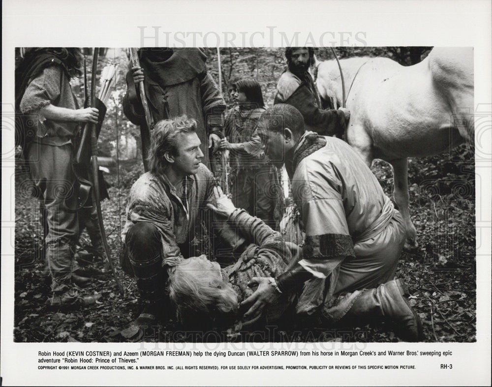 1991 Press Photo Costner, Freeman, &amp; Sparrow In &quot;Robin Hood: Prince Of Thieves&quot; - Historic Images