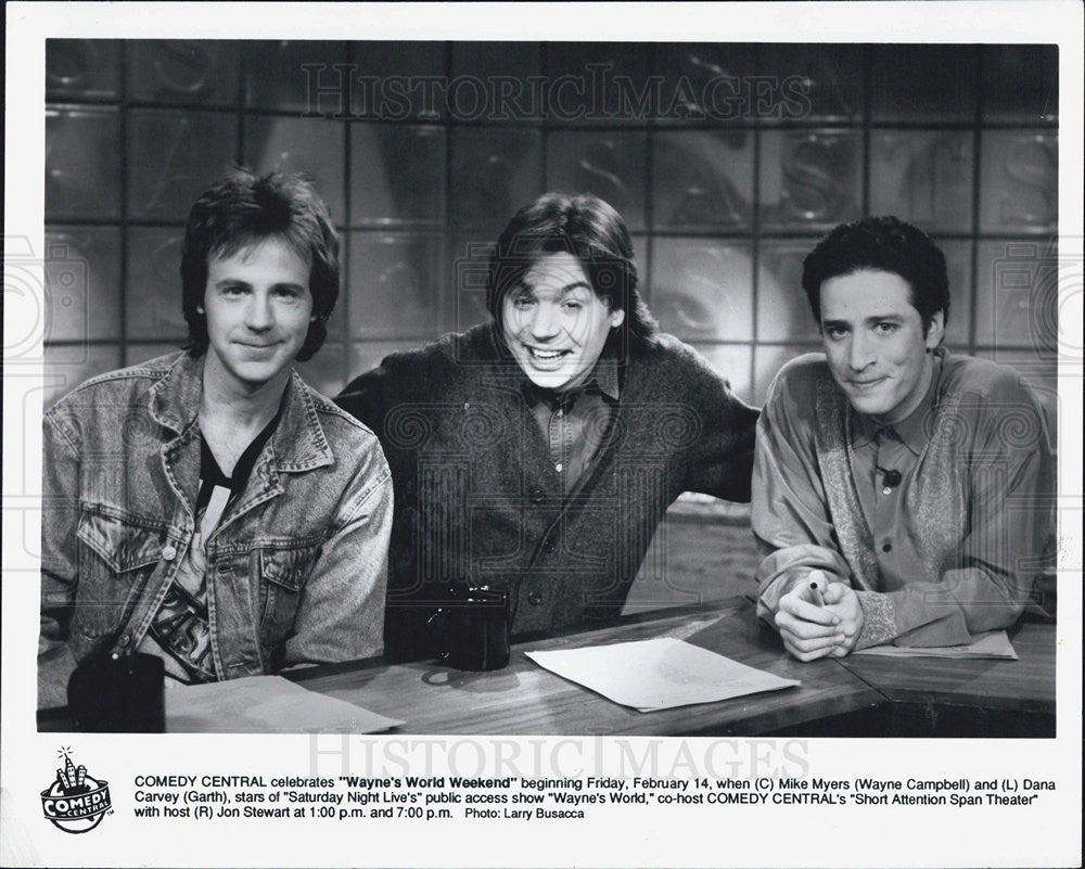 Press Photo  Mike Meyers, Dana Carvey and Jon Stewart &quot; Wayne&#39;s World Weekend&quot;. - Historic Images