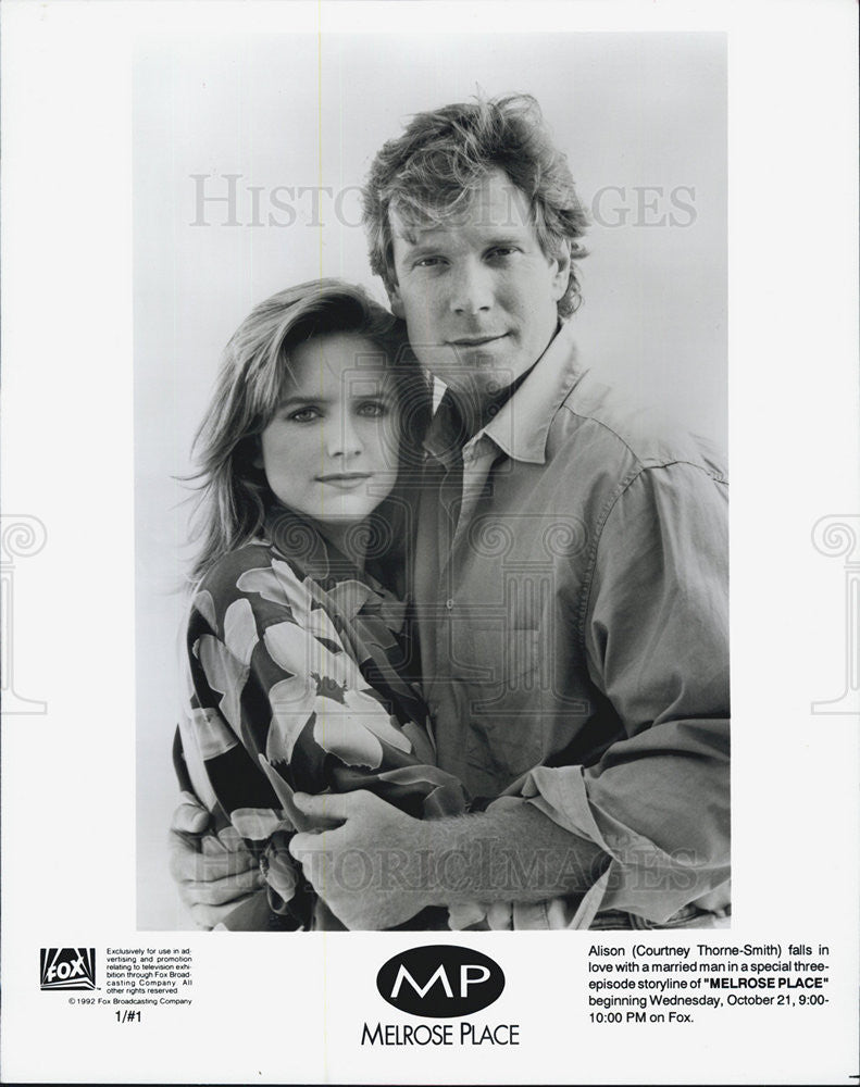 1992 Press Photo Actors Courtney Thorne-Smith, William Moses In &quot;Melrose Place&quot; - Historic Images