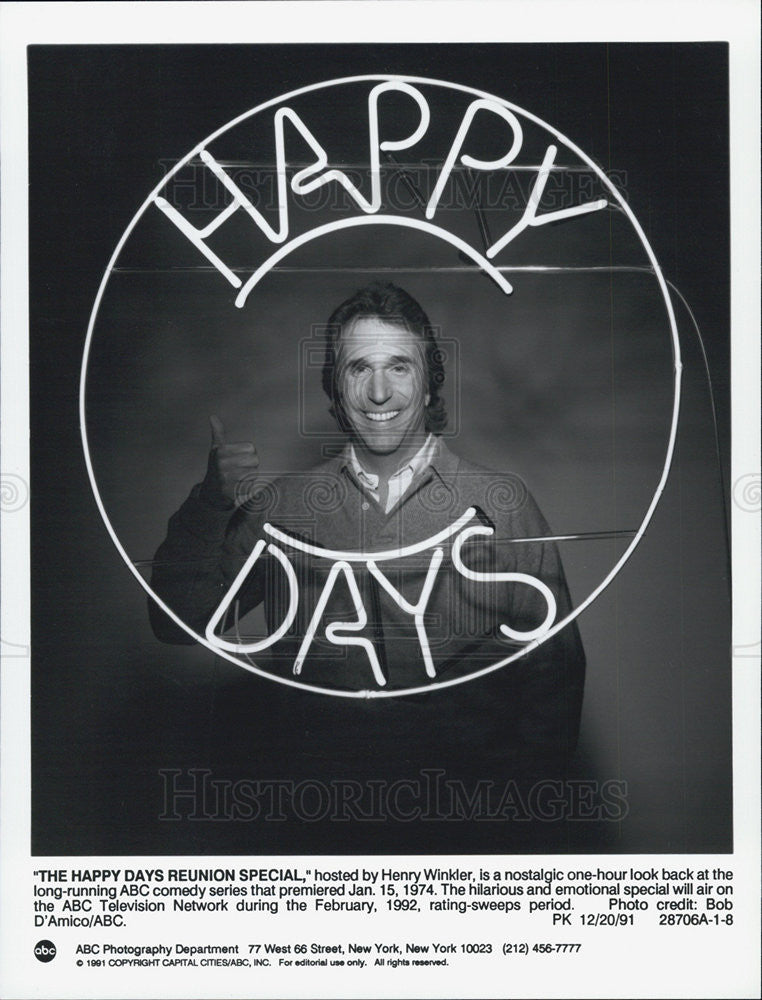 1991 Press Photo Actor Henry Winkler Stars  In &quot;Happy Days Reunion Special&quot; - Historic Images