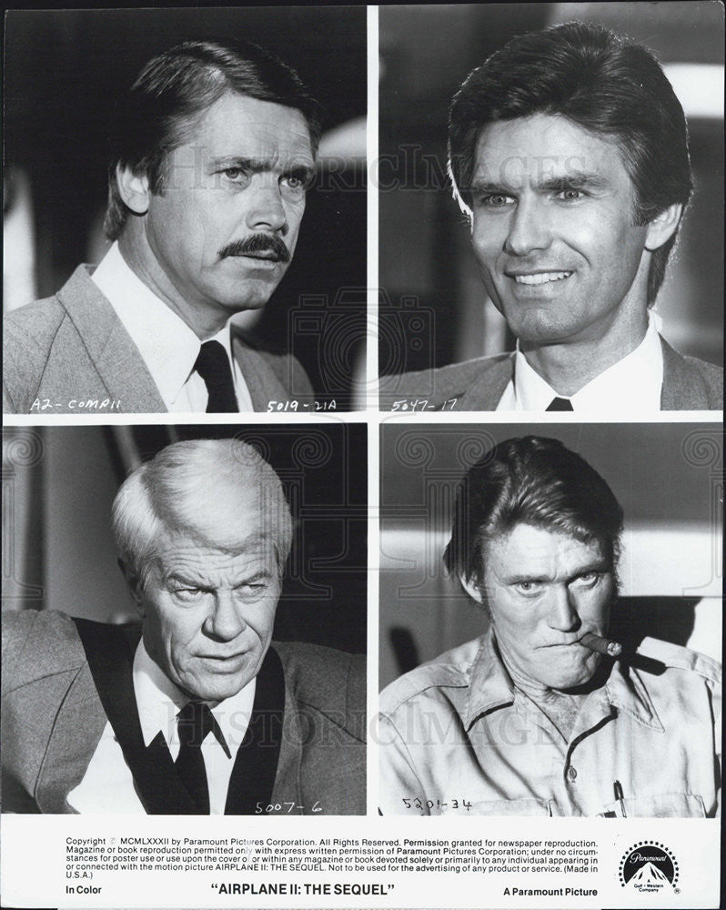 Press Photo Chuck Connors,Peter Graves, Chad Everett,Kent McCord in &quot;Airplane&quot;. - Historic Images