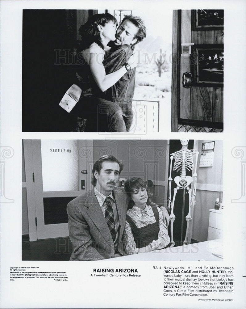 1987 Press Photo Nicholas Cage and Holly Hunter in &quot;Raising Arizona&quot;. - Historic Images