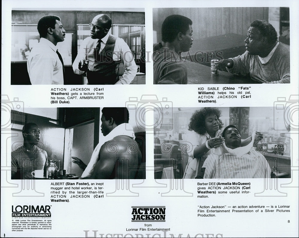 1988 Press Photo Carl Weathers, B. Duke, A. McQueen, S. Foster &quot;Action Jackson&quot;- Historic Images