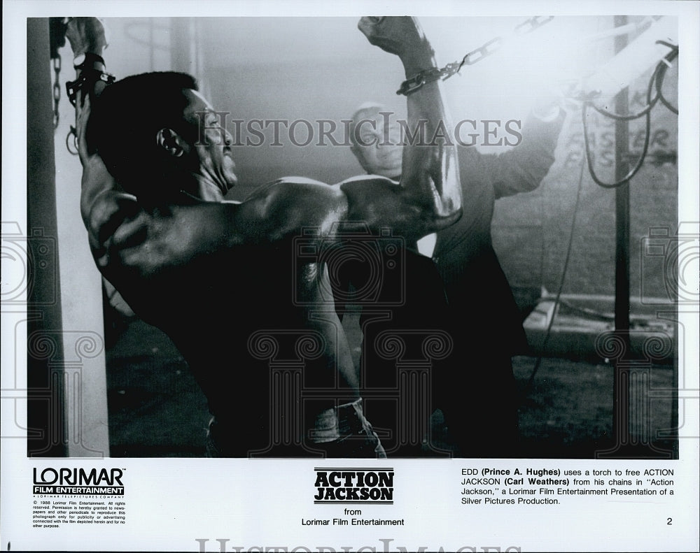 1988 Press Photo Prince A. Hughes Actor Carl Weathers Action Jackson Movie Film- Historic Images