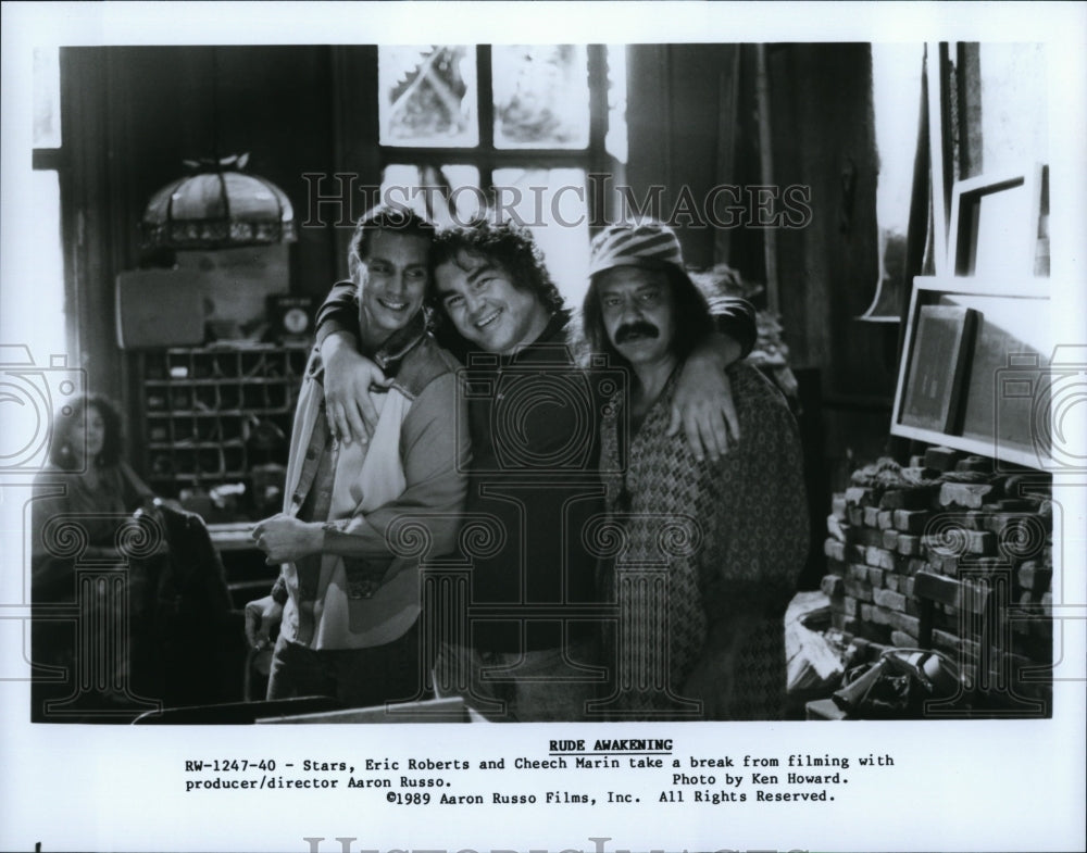 1989 Press Photo Eric Roberts Actor Cheech Marin Aaron Russo Rude Awakening Set- Historic Images