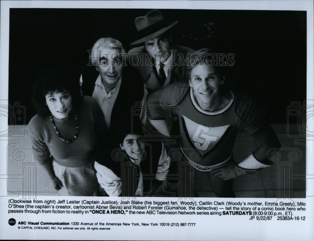 1987 Press Photo Jeff Lester Josh Blake Caitlin Clark Robert Forster Once A Hero- Historic Images