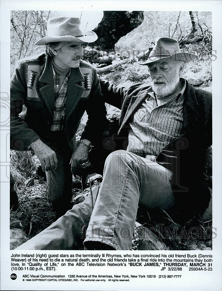 1988 Press Photo Cnadian Actor John Ireland and Dennis Weaver in &quot;Buck James&quot;.- Historic Images