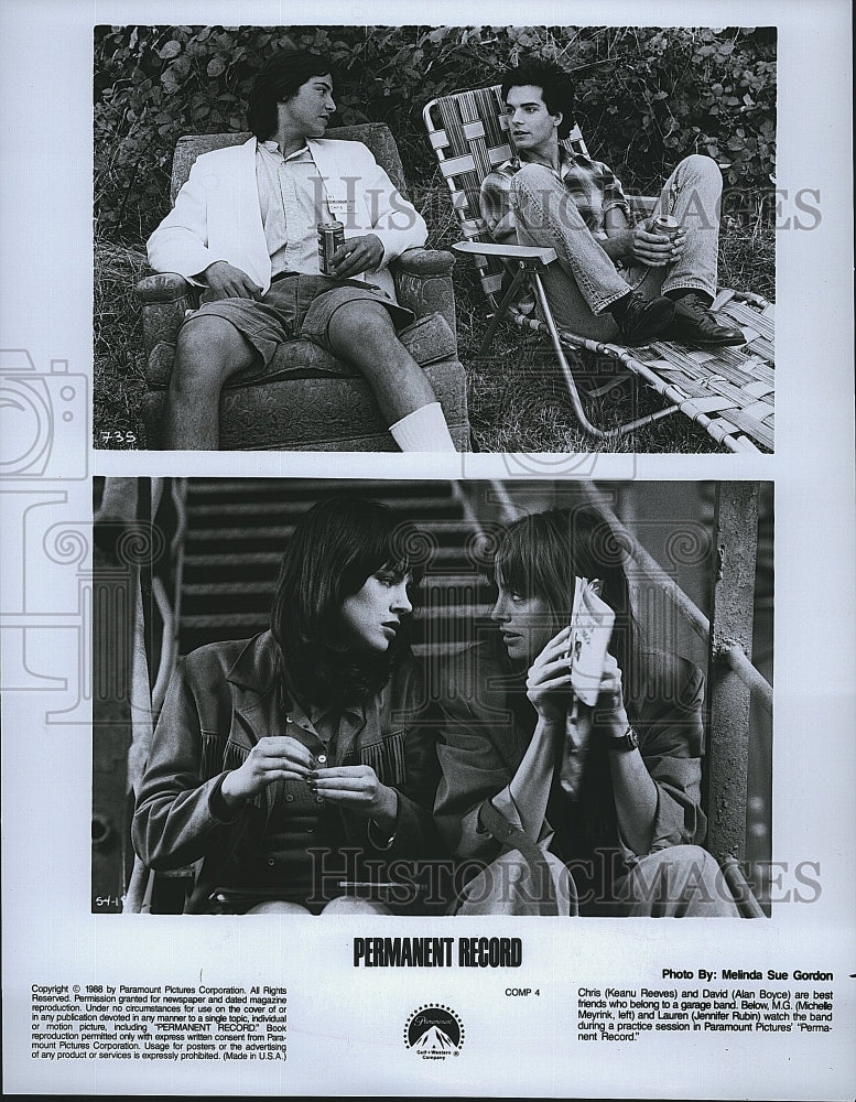 1988 Press Photo Keanu Reeves, Alan Boyce, Michelle Meyrink &quot;Permanent Record&quot;- Historic Images