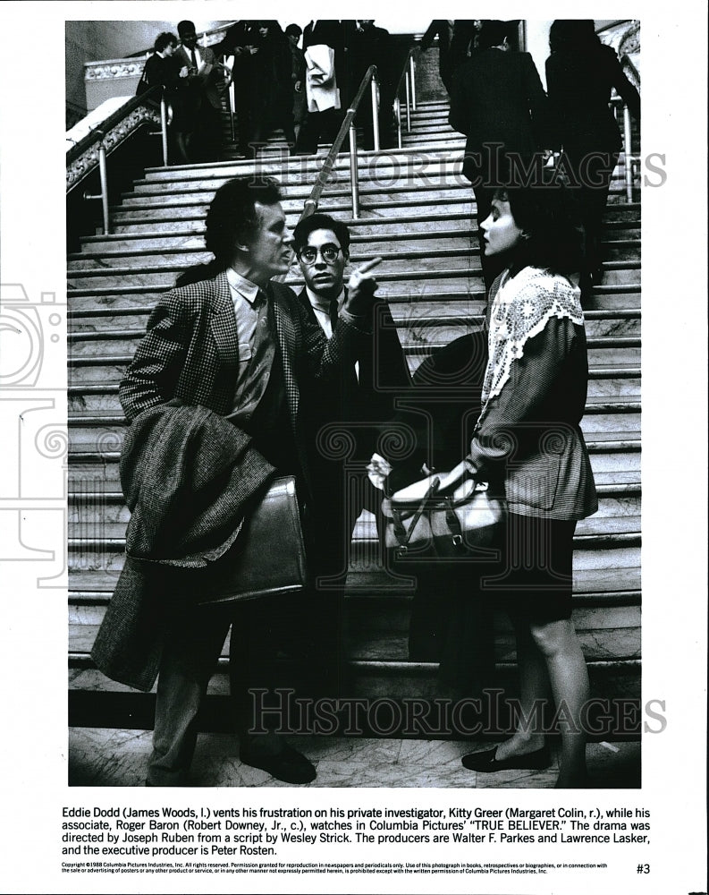 1988 Press Photo James Woods Actor Margaret Colin Robert Downey Jr True Believer- Historic Images