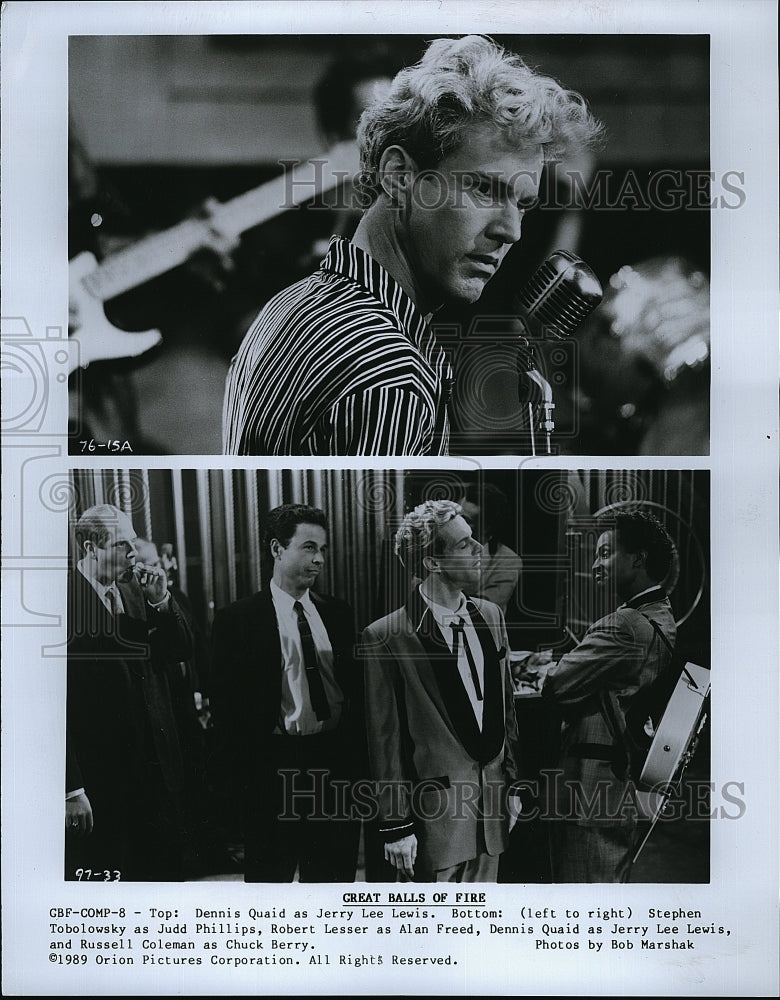 1989 Press Photo Actors Dennis Quaid & Jerry Lee Lewis in "Great Balls of Fire"- Historic Images