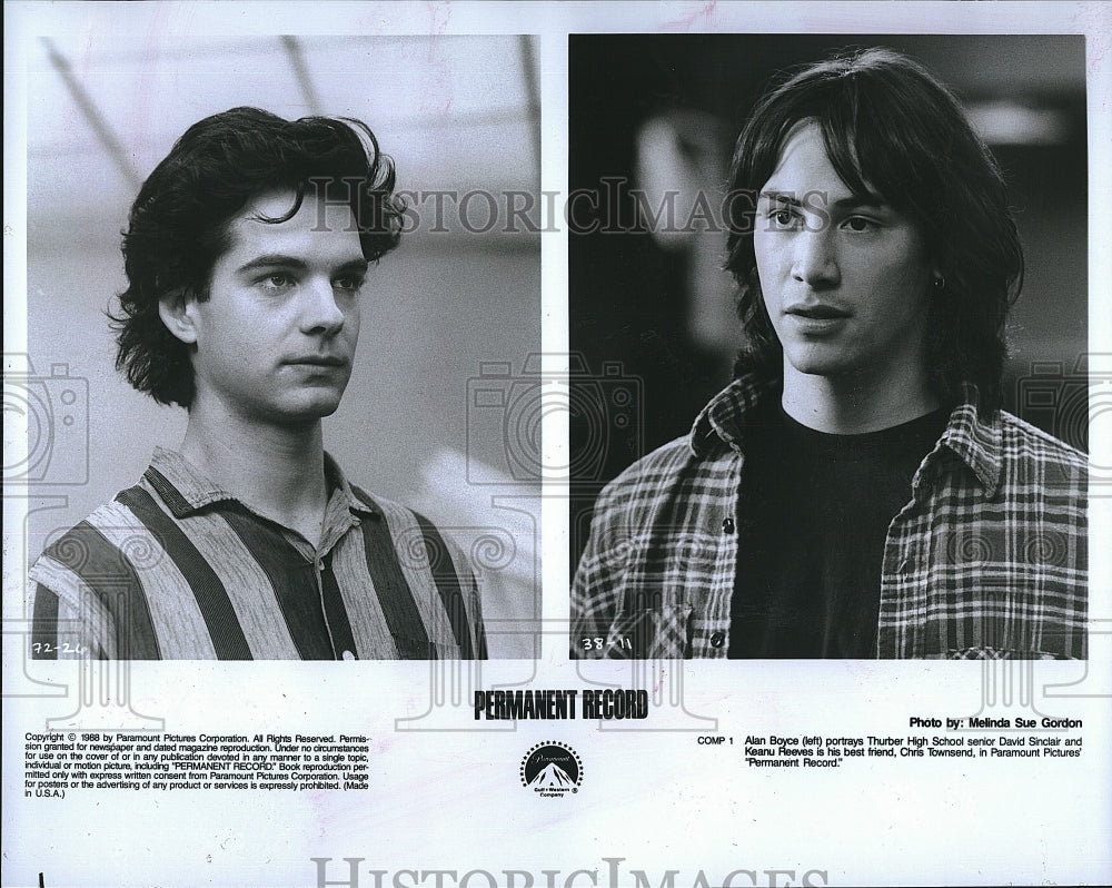 1988 Press Photo Actors Alan Boyce &amp; Keanu Reeves in &quot;Permanent Record&quot;- Historic Images