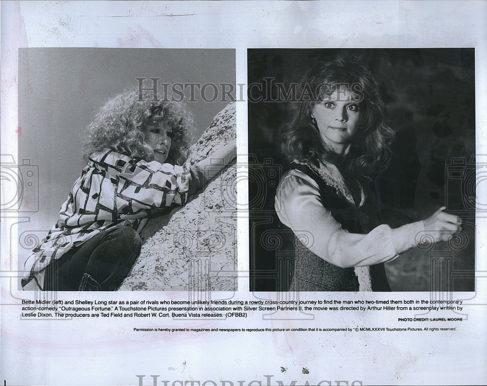 1987 Press Photo Bette Midler, Shelley Long &quot;Outrageous Fortune&quot;- Historic Images