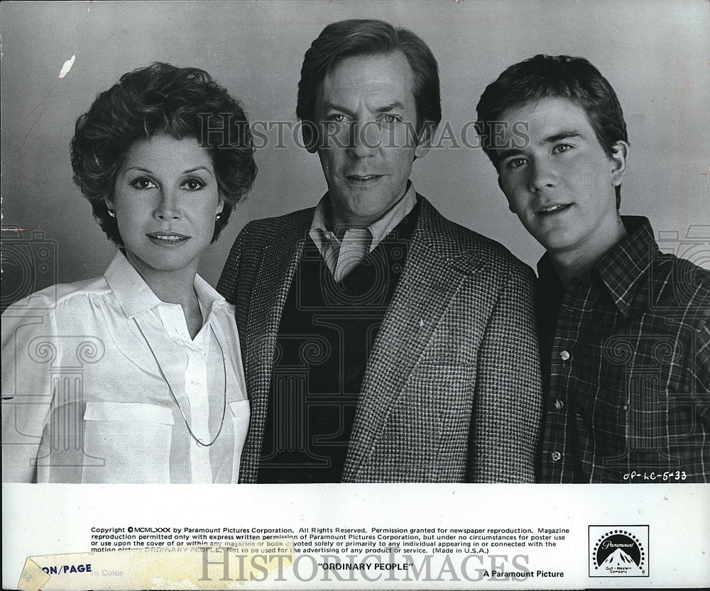 1980 Press Photo D. Sutherland, Mary Tyler Moore, T. Hutton &quot;Ordinary People&quot;- Historic Images