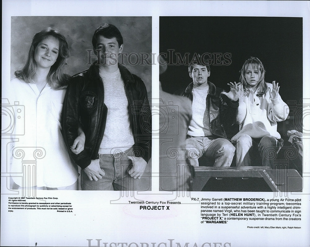 1987 Press Photo Matthew Broderick, Helen Hunt &quot;Project X&quot;- Historic Images