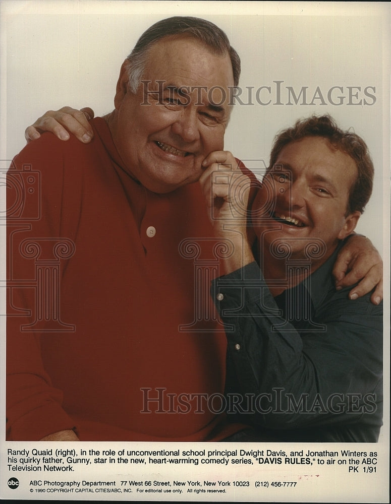 1991 Press Photo Actors Randy Quaid &amp; Jonathon Winters in &quot;David Rules&quot; - Historic Images