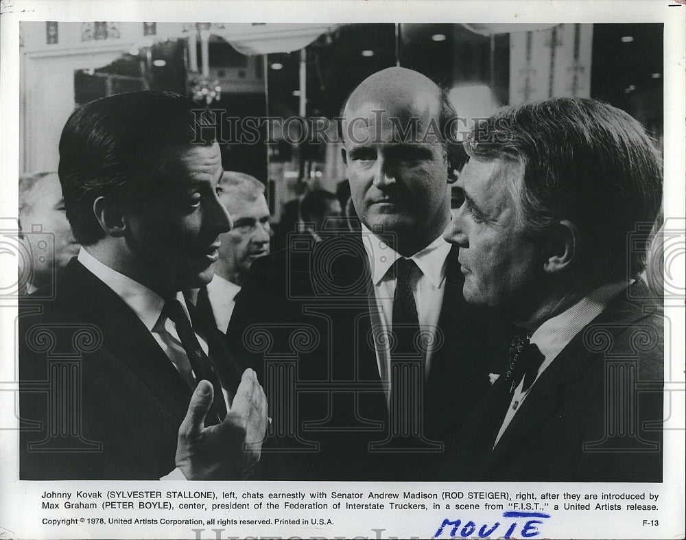 1978 Press Photo Sylvester Stallone, Rod Steiger &amp; Peter Boyle in &quot;F.I.S.T.&quot;- Historic Images