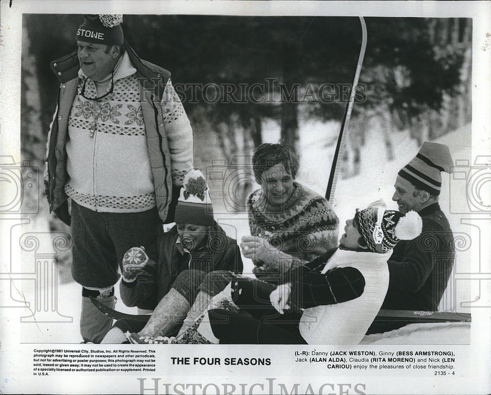 1981 Press Photo J. Weston, Alan Alda, R. Moreno, L. Cariou &quot;The Four Seasons&quot;- Historic Images