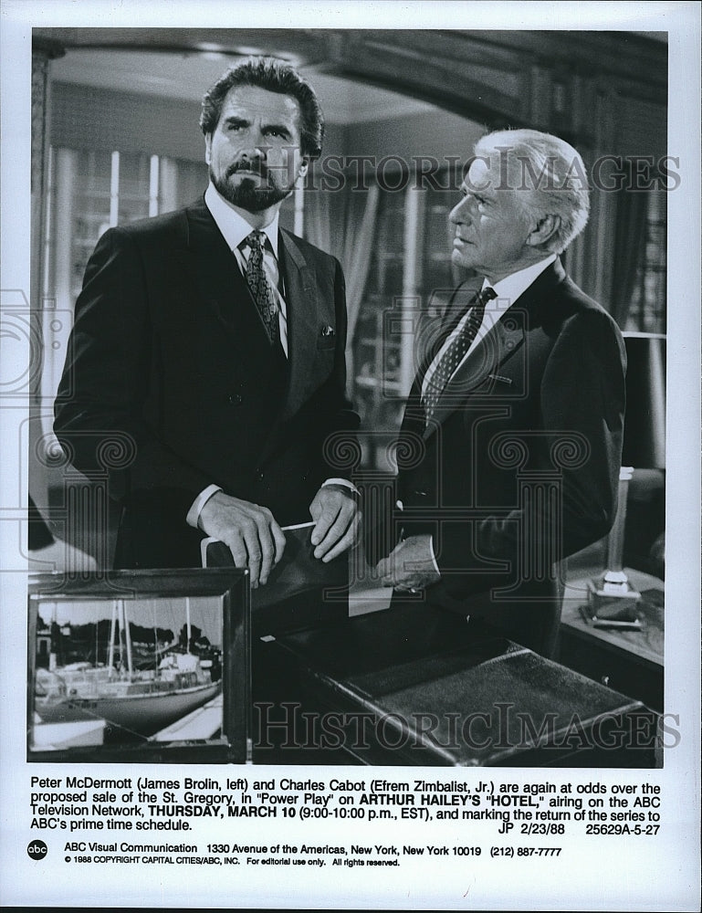 1988 Press Photo James Brolin &amp; Efrem Zimbalist Jr. stars in &quot;Hotel&quot;- Historic Images