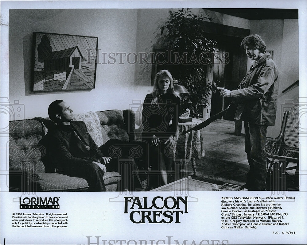 1989 Press Photo Gregory Harrison Andrea Thompson Robert Ginty Falcon Crest TV- Historic Images