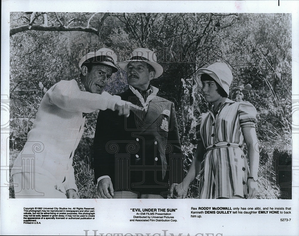 1982 Press Photo Roddy McDowall, Denis Quilley, Emily Hone &quot;Evil Under the Sun&quot;- Historic Images