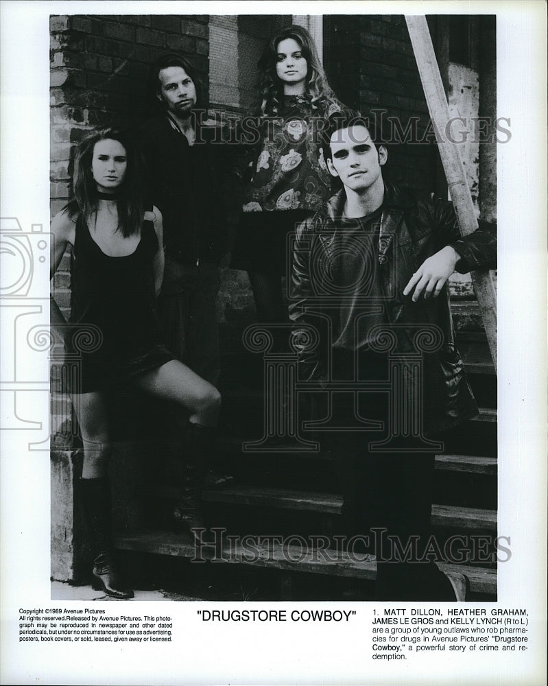 1989 Press Photo Matt Dillon, Heather Graham, Kelly Lynch "Drugstore Cowboy"- Historic Images