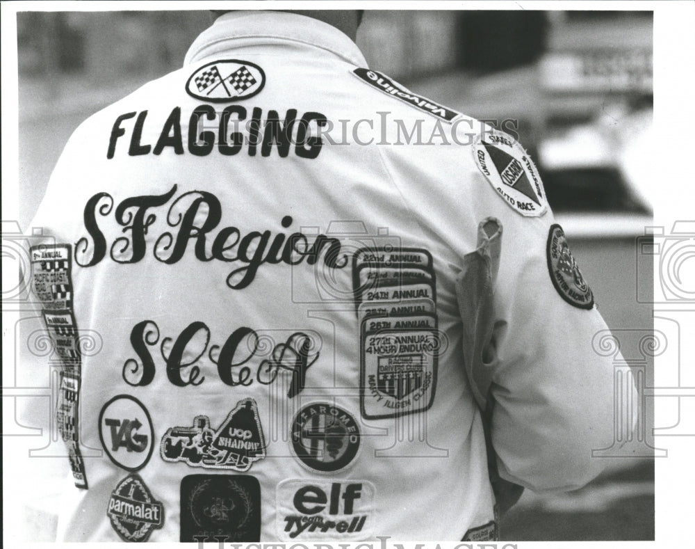 1987 Press Photo race officals uarious patches jacket - RRQ59329 - Historic Images