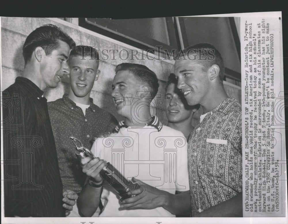 1958 Press Photo Gary Heinrich 17 year old swimmer holds world record trophy - Historic Images