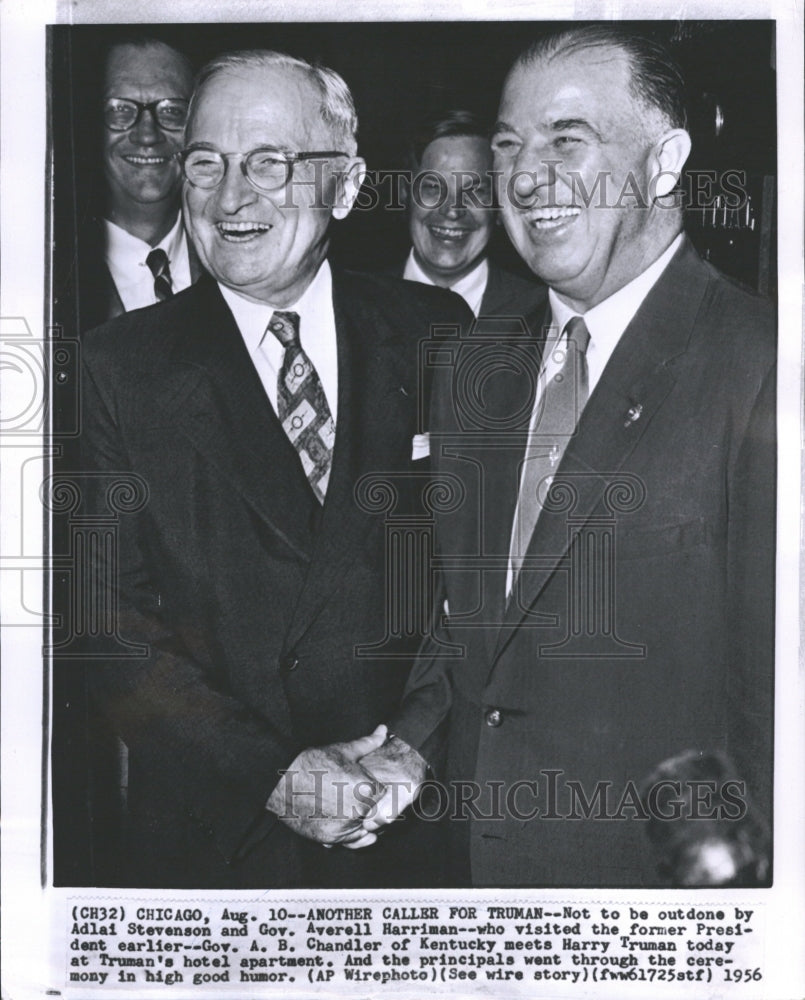 1956 Press Photo Adlai Stevenson and Gov. Averell Harriman  at Truman&#39;s hotel ap - Historic Images