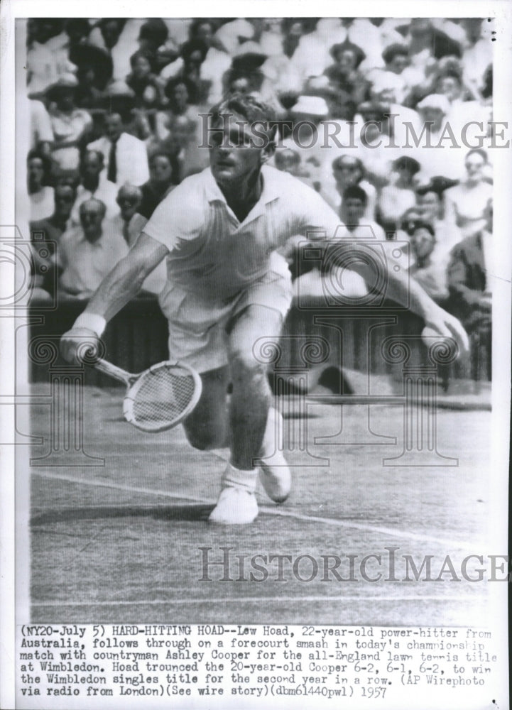 1957 Lew Hoad power hitter Australia smash Championship Match Court - Historic Images