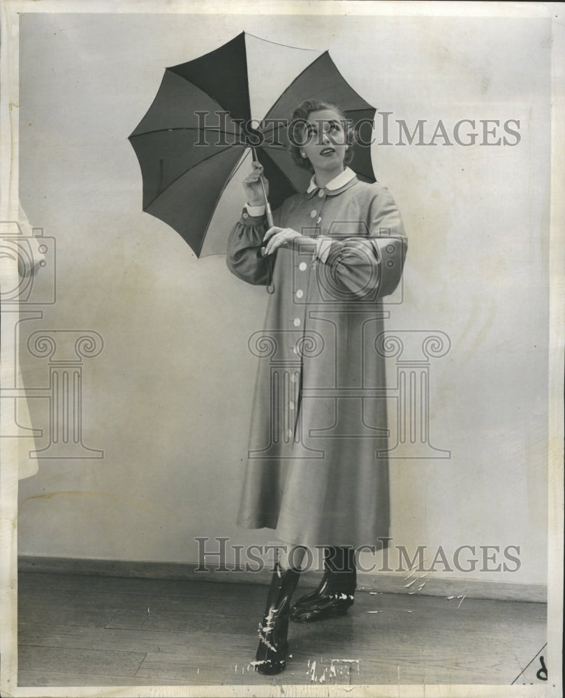 1953 Raincoat White Rayon Marshall Black - Historic Images