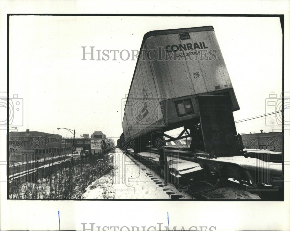 1980 Trailer car derailed along the right w - Historic Images