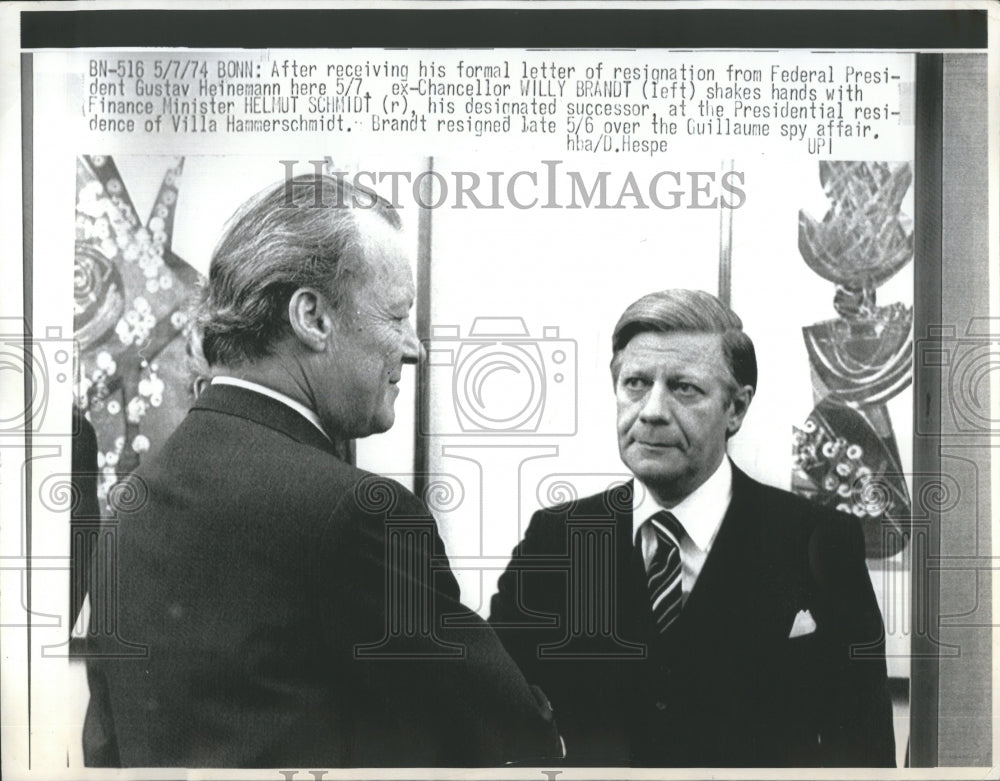 1974 Press Photo Helmut Schmidt Willy Brandt Meeting - Historic Images