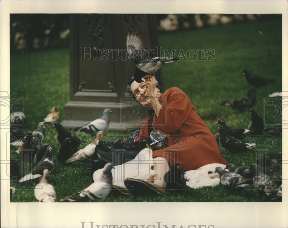 1993 Aged Woman Park Birds - Historic Images