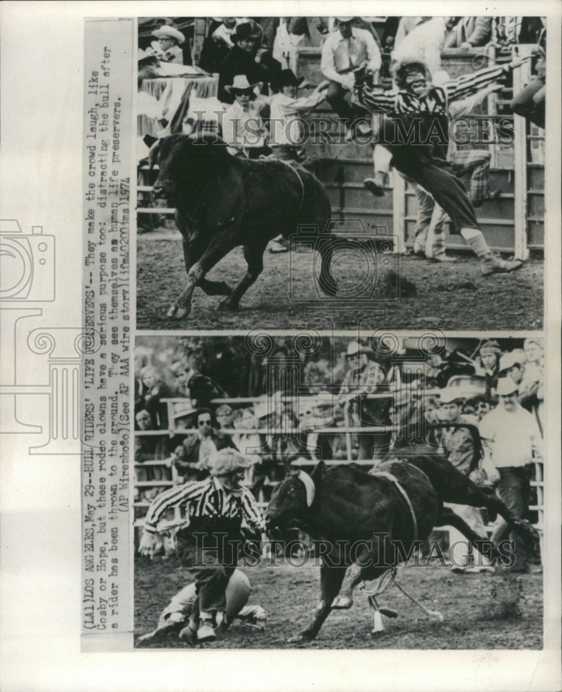 1974 Rodeo Clowns Bull Thrown Riders Chase - Historic Images