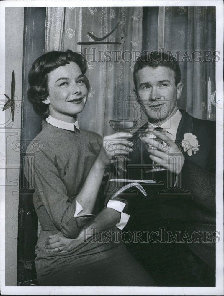 1959 Diana Lynn Red Buttons Actors Toasting - Historic Images