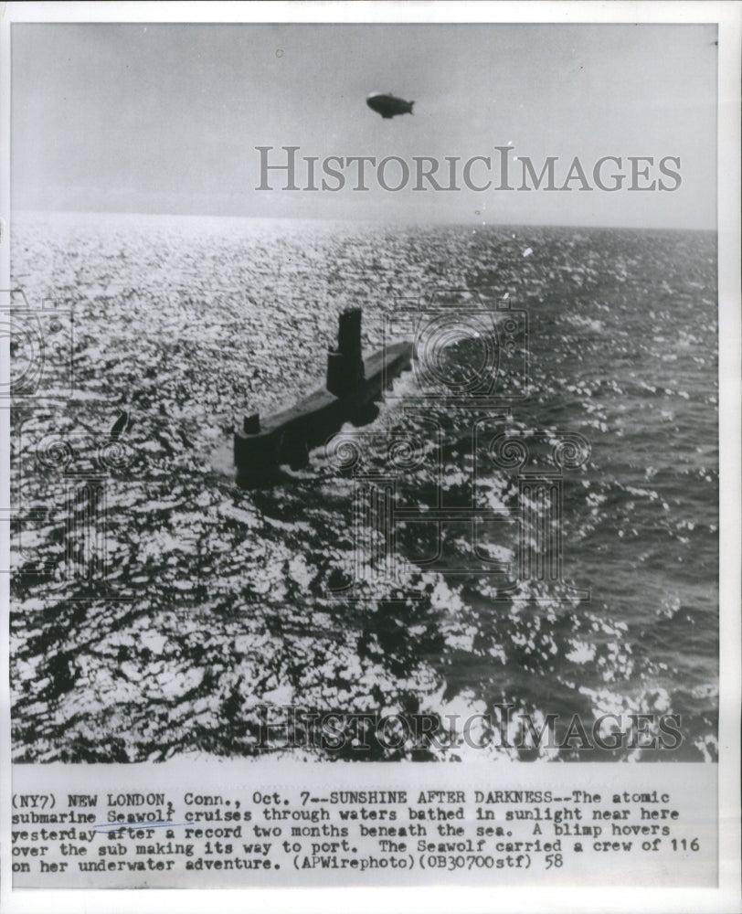 1958 Press Photo Seawolf  Submarine Water Sunlight - Historic Images