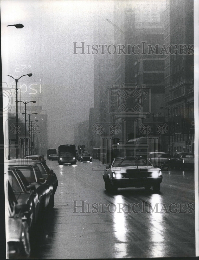 1971 Mist and fog, car lights on Michigan - Historic Images