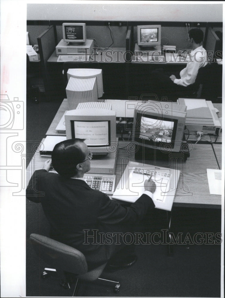 1992 Phone line demonstration ITT - Historic Images