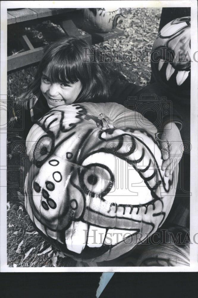 1972 Painted Pumpkin Face Halloween Girl - Historic Images