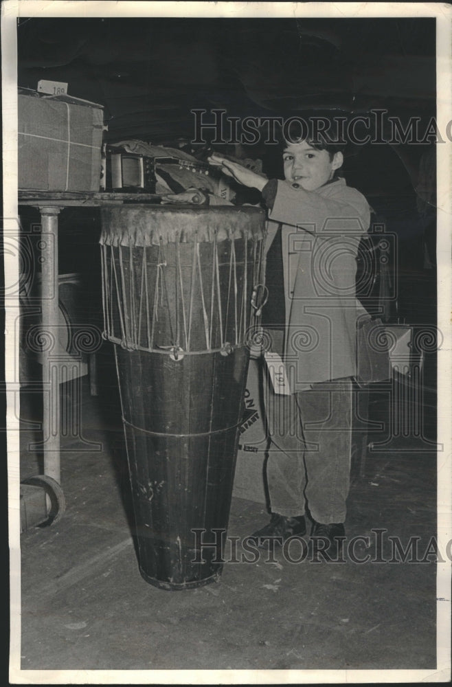 1967 Kid Tries Out Drum At Police Dpt - Historic Images