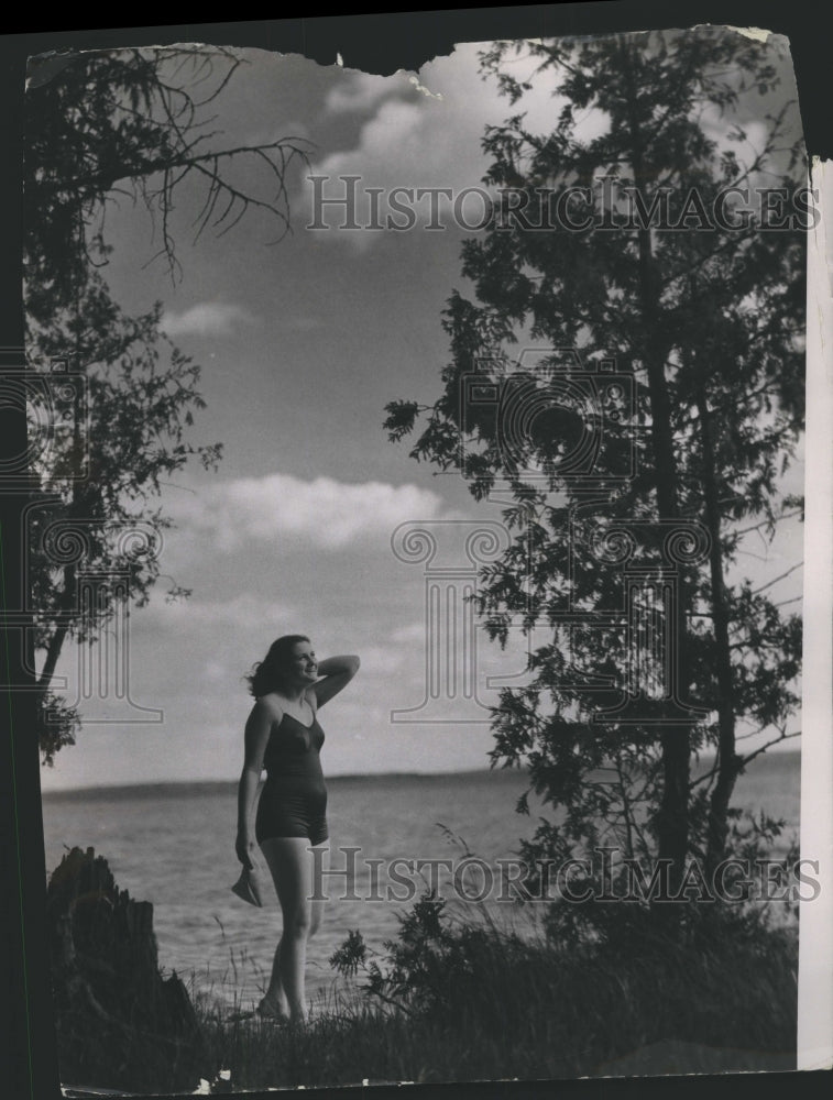 1938 Women Bathing Lake Trees Water - Historic Images