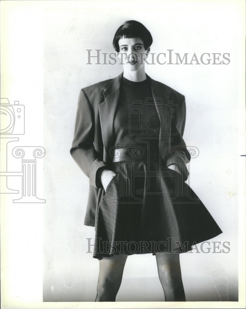 1987 Franco Moschino&#39;s gray pinstriped wool - Historic Images