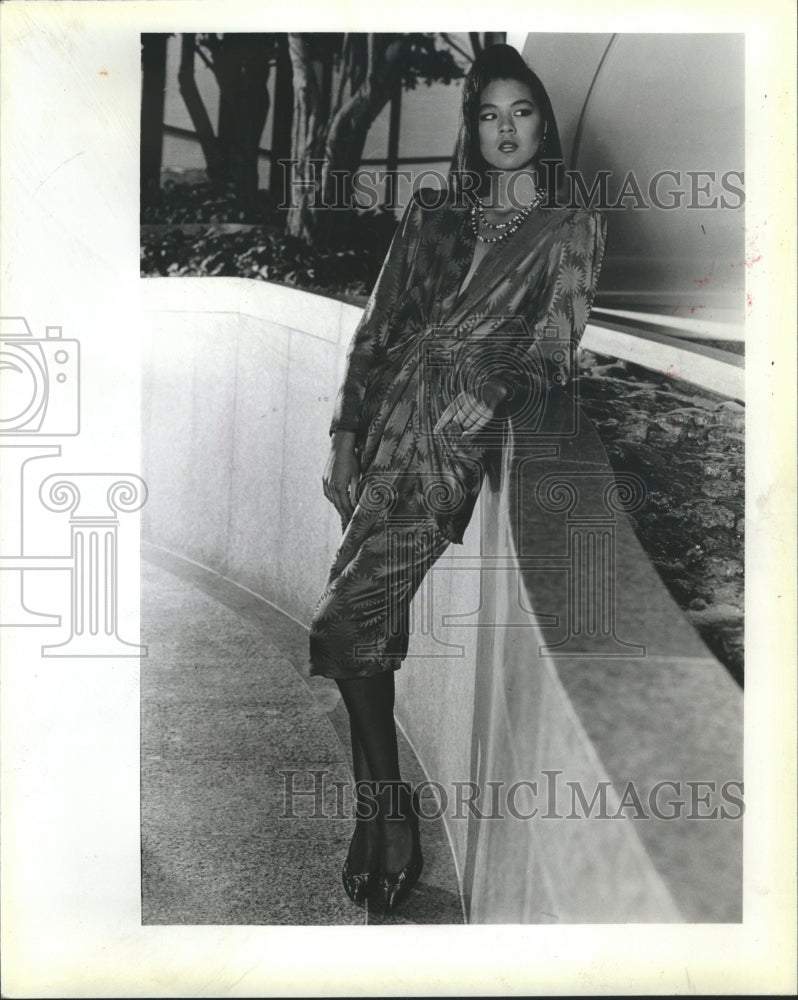 1985 Saint Romei Silk Jacquard Draped Dress - Historic Images