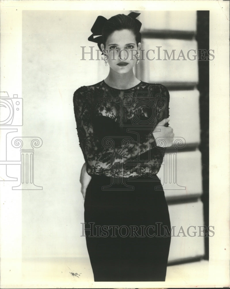 1988 Black suede dress with floral beaded - Historic Images