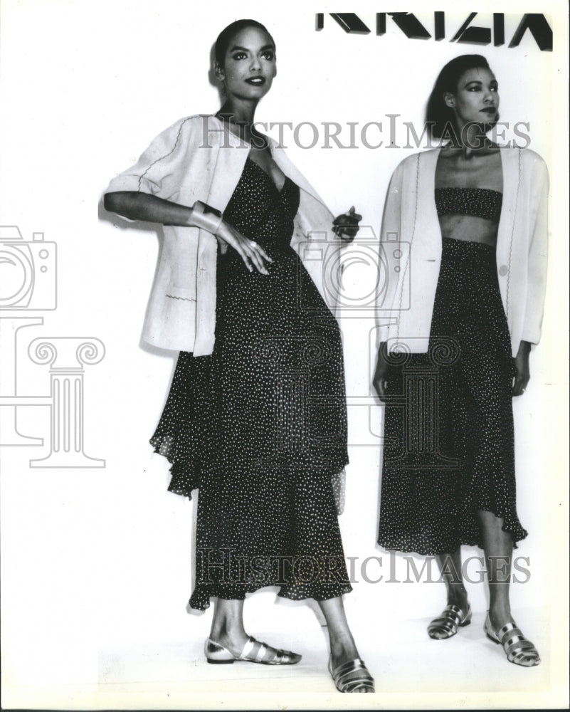 1988 Krizia navy and white dotted chiffon - Historic Images